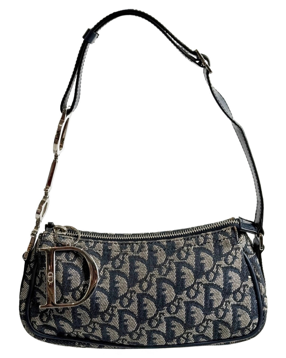 Dior Vintage 2004 Navy Blue Trotter Monogram D Charm Logo Small Pochette Shoulder Bag