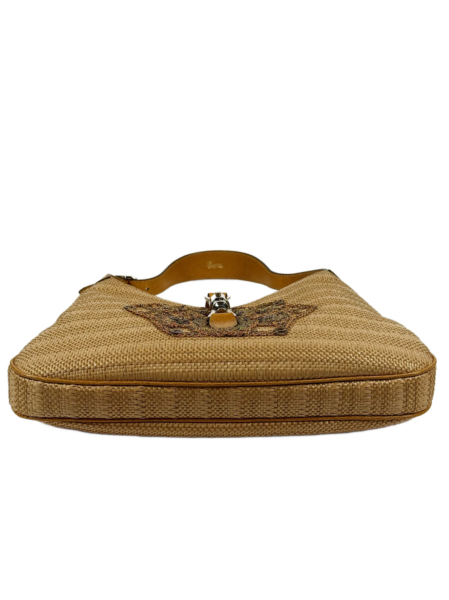 Gucci Vintage Embroidered Sequin Raffia Jackie Shoulder Bag w Gold Leather Trim