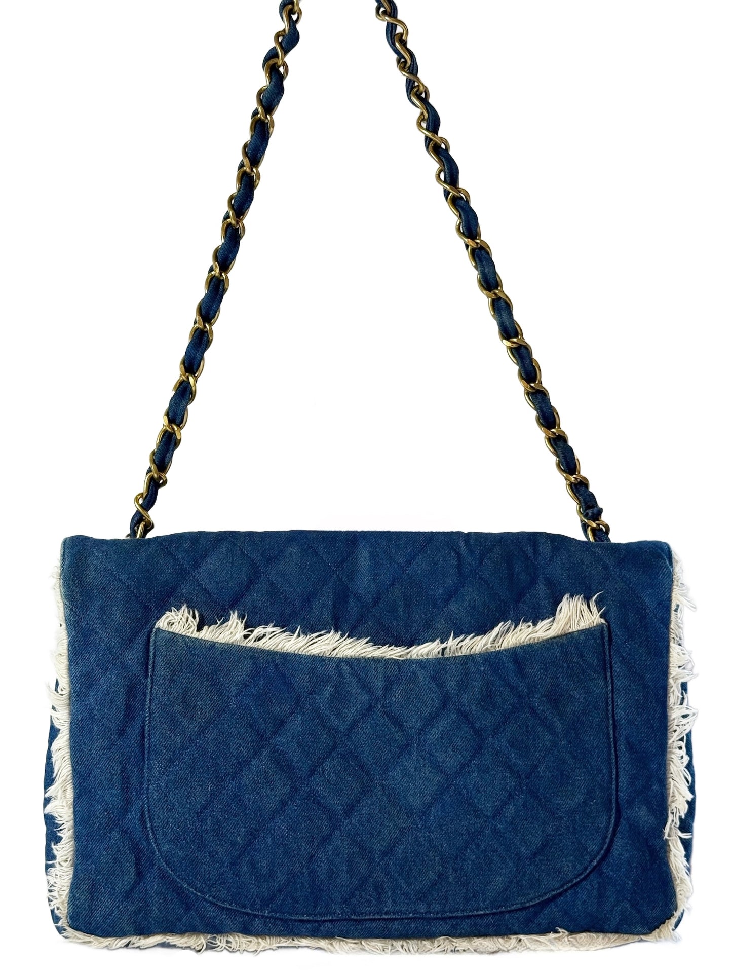 Chanel Vintage Blue Quilted Denim Fringe Maxi Crossbody Shoulder Flap Bag w 24K Gold Plated Hardware