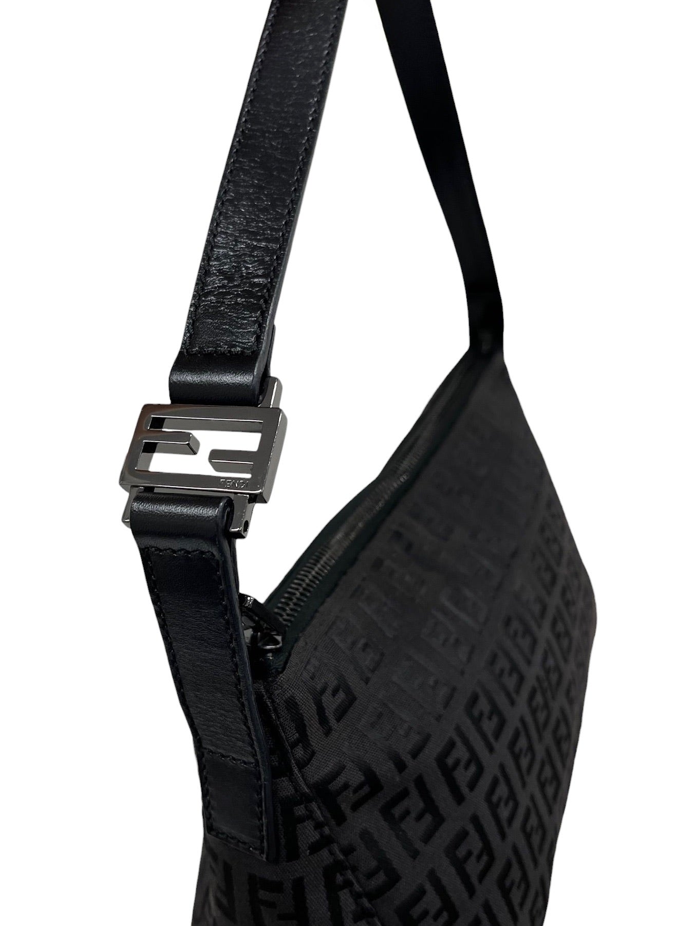 Fendi Vintage Black Zucca Zucchino Monogram Medium Shoulder Pochette Bag