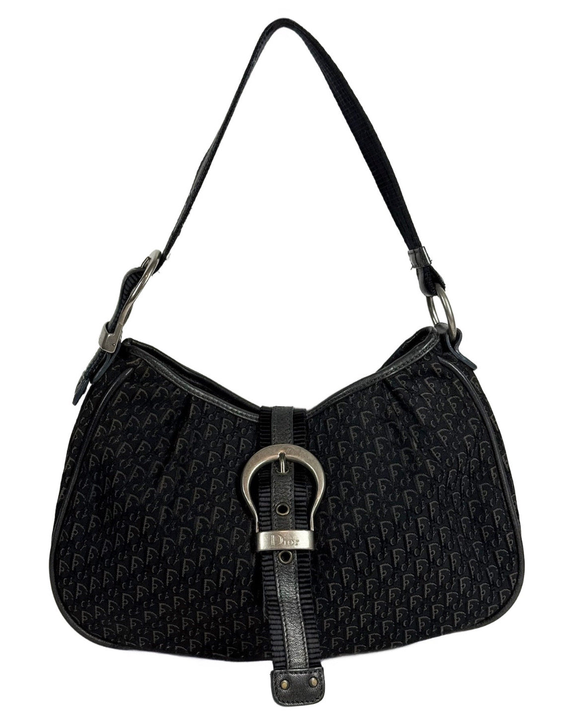 Dior Vintage Black Trotter Monogram Saddle Buckle Small Hobo Shoulder Bag