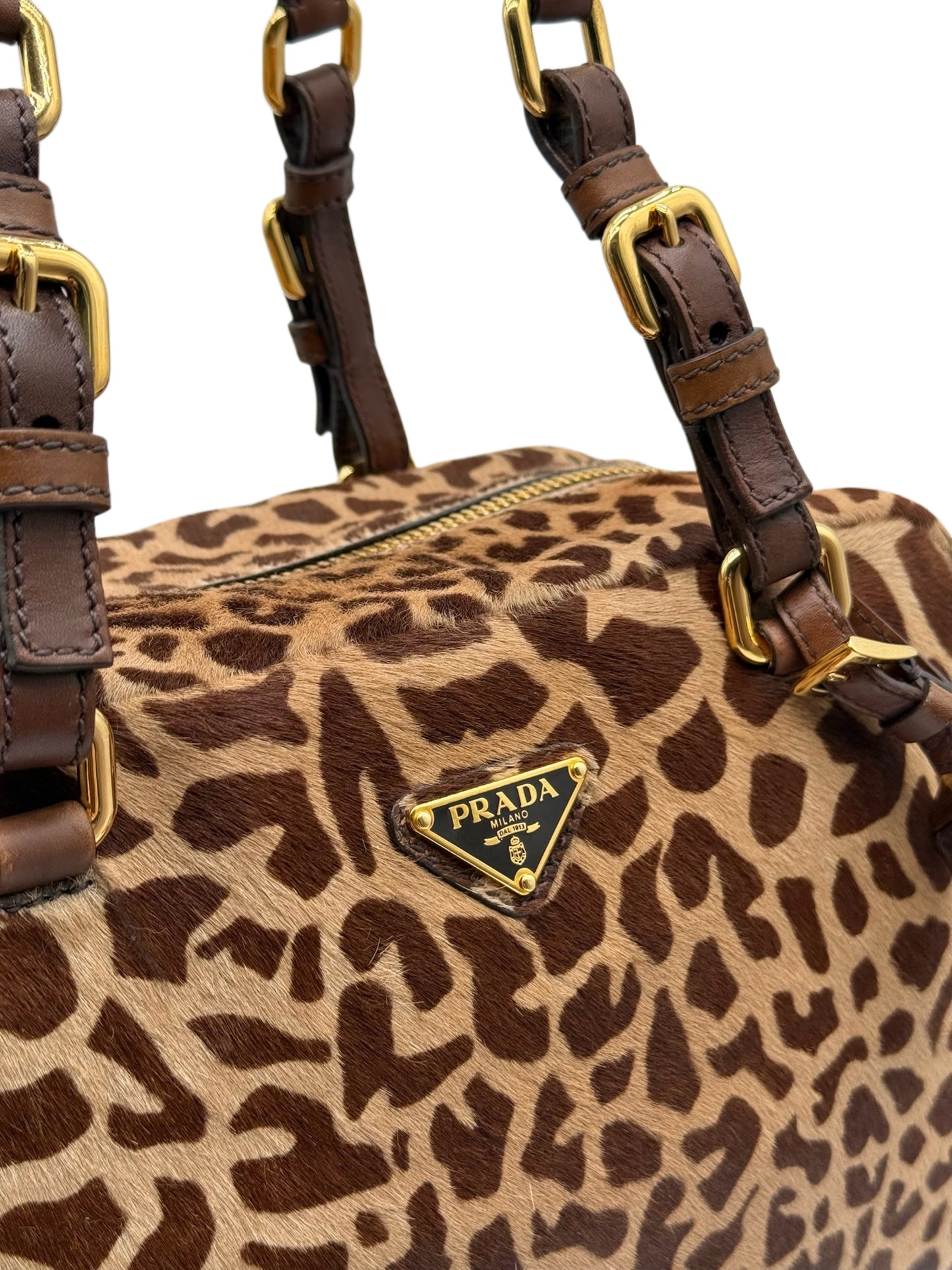 Prada Vintage Brown Giraffe Print Pony Hair Medium Bowler Boston Shoulder Bag