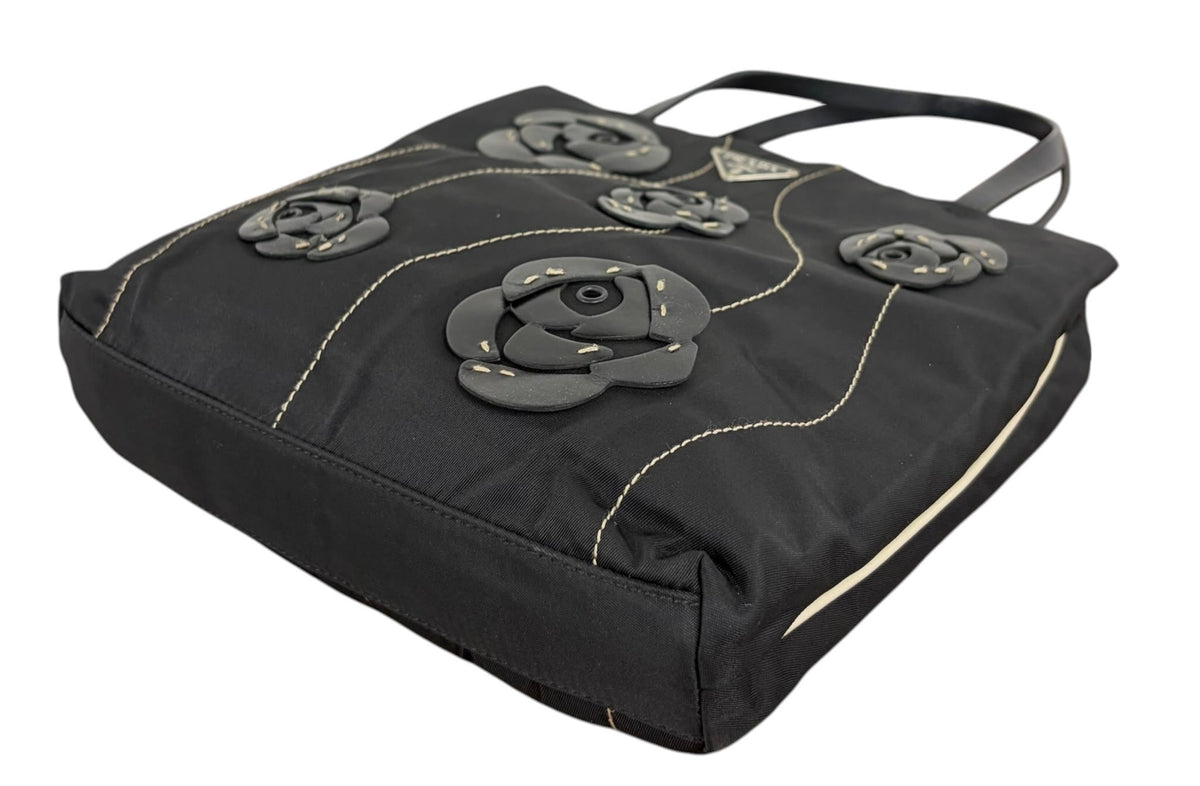 Prada Vintage Black Tessuto Nylon Leather Rosette Mini Top Handle Tote Bag