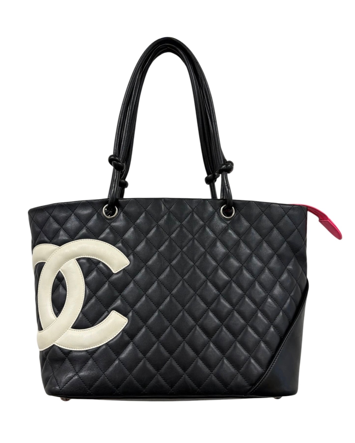 Chanel Vintage 00s Black & White Quilted Lambskin Large CC Cambon Shoulder Tote Bag