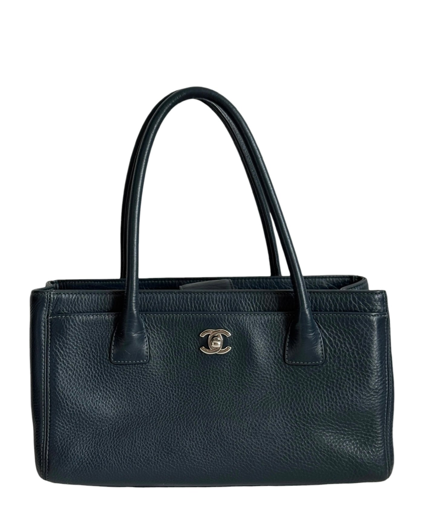 Chanel Navy Blue Calfskin Small Cerf Executive Shoulder Tote Bag with Silver Hardware