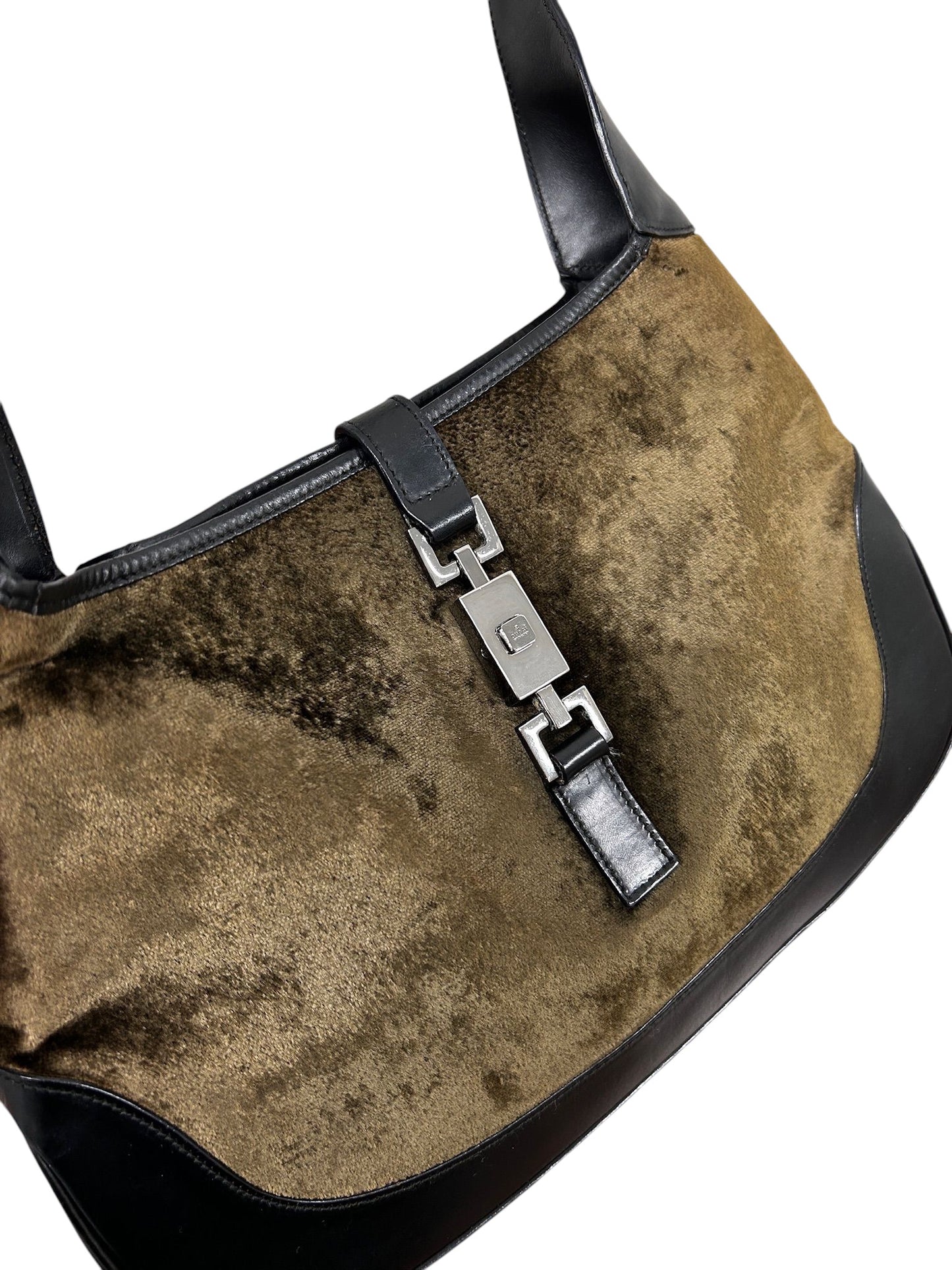 Gucci Vintage Dark Green Velour Black Leather Trim Medium Jackie Shoulder Bag