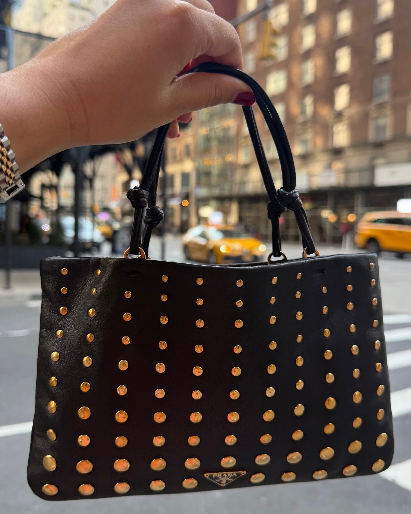 Prada Vintage Black Lambskin Gold Studded Mini Top Handle Pochette