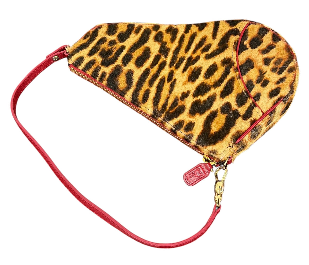 Dior Vintage 2004 Leopard Print Pony Hair Red Trim Mini Saddle Pochette Shoulder Bag