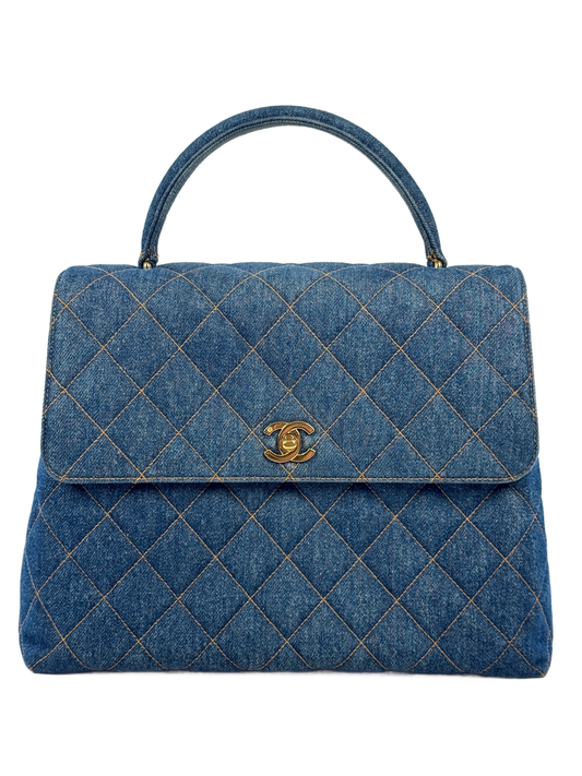 Chanel Vintage 1997 Blue Quilted Denim Medium Classic Kelly Top Handle Flap Bag w 24K Gold Plated Hardware