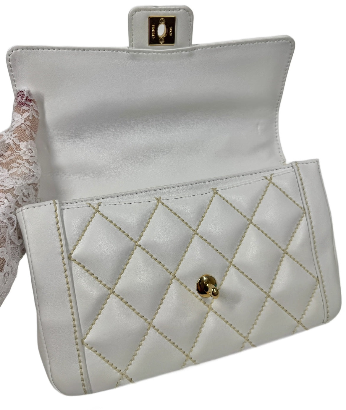 Chanel Vintage 2005 White Quilted Calfskin Leather Wild Stitch Medium Top Handle Classic Flap Bag w 24K Gold Plated Hardware