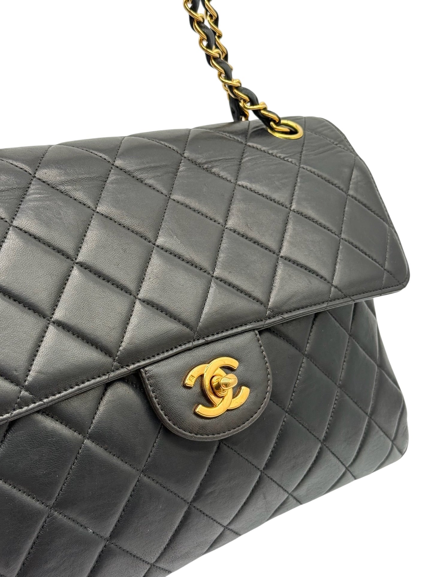 Chanel Vintage 90s Black Lambskin Two-Faced Double Sided Maxi Flap Bag with 24K GPHW