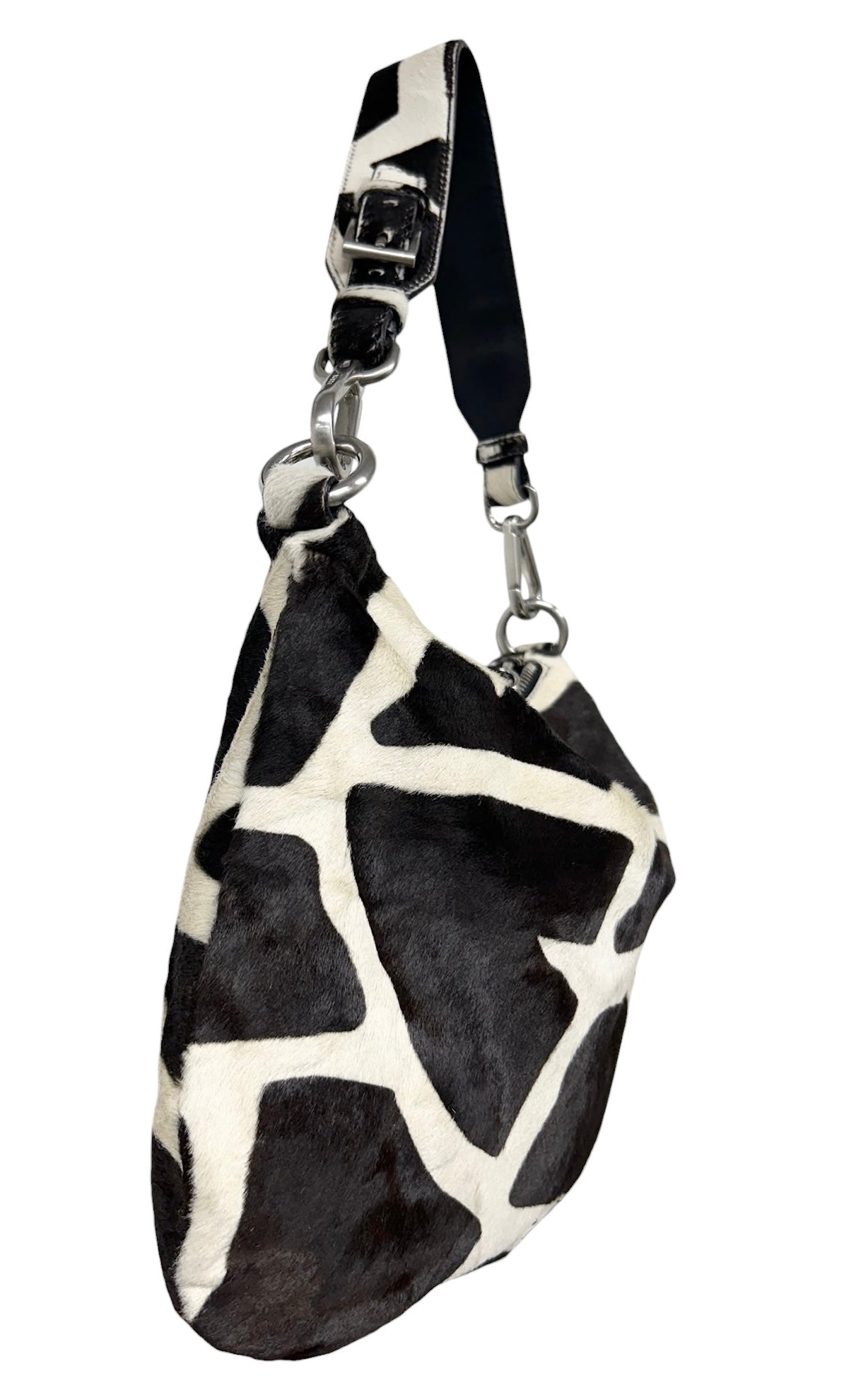 Prada Vintage Black & White Giraffe Print Pony Hair Medium Hobo Shoulder Bag
