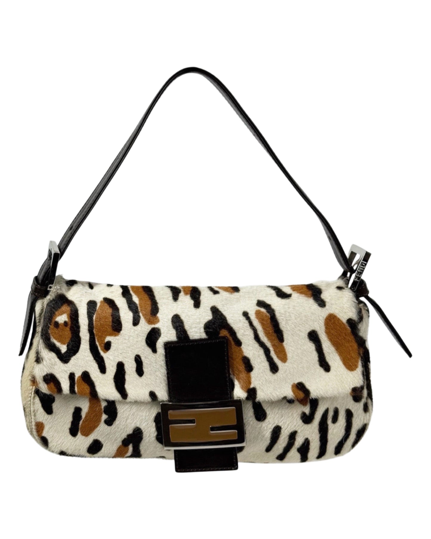 Fendi Vintage White & Brown Leopard Print Pony Hair Shoulder Baguette Bag