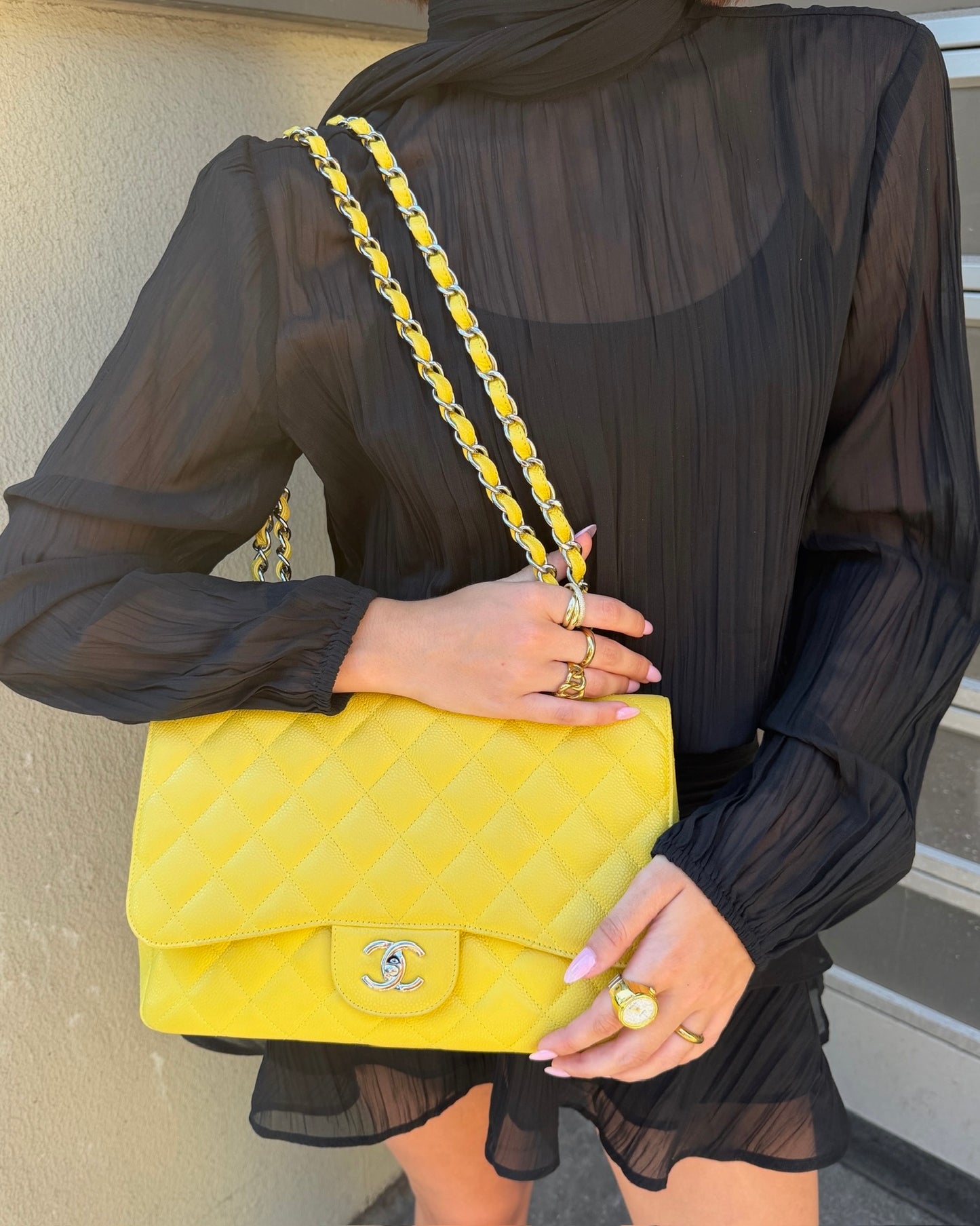 Chanel Yellow Quilted Caviar Jumbo Classic Single Flap Bag with Silver Hardware 