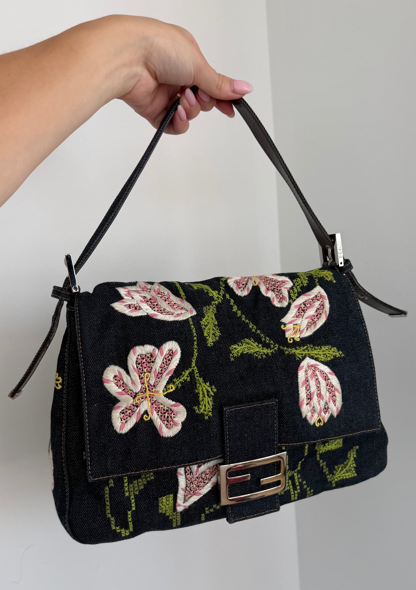 Fendi Vintage Blue Denim Pink Floral Embroidered Mamma Baguette Shoulder Bag