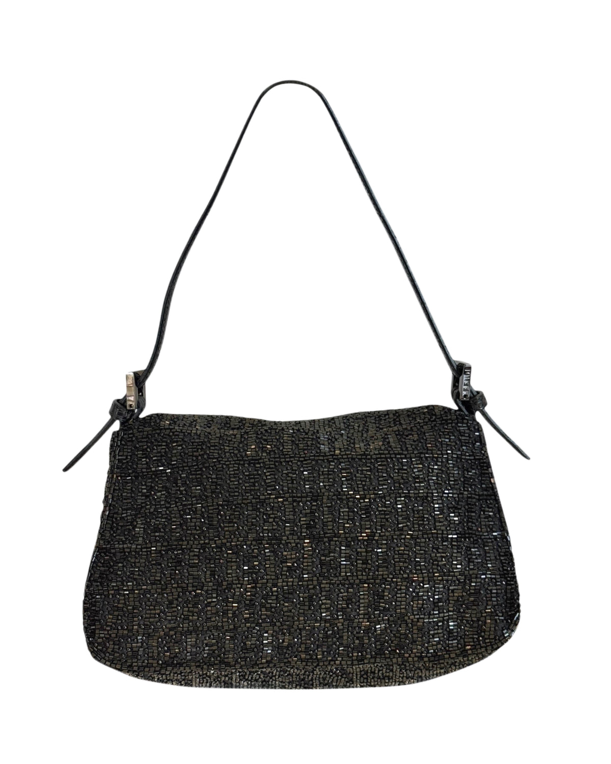 Fendi Vintage Black Zucca Beaded Embroidered Mini Mamma Shoulder Baguette Bag with Lizard Trim