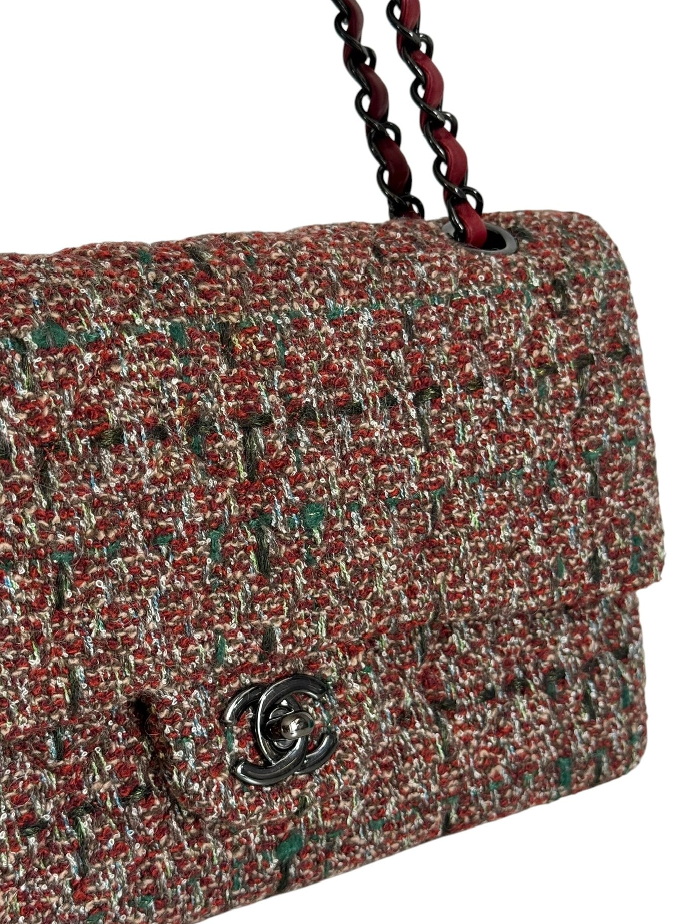 Chanel Multicolor Burgundy Tweed Classic Medium Double Flap Bag with Ruthenium Hardware