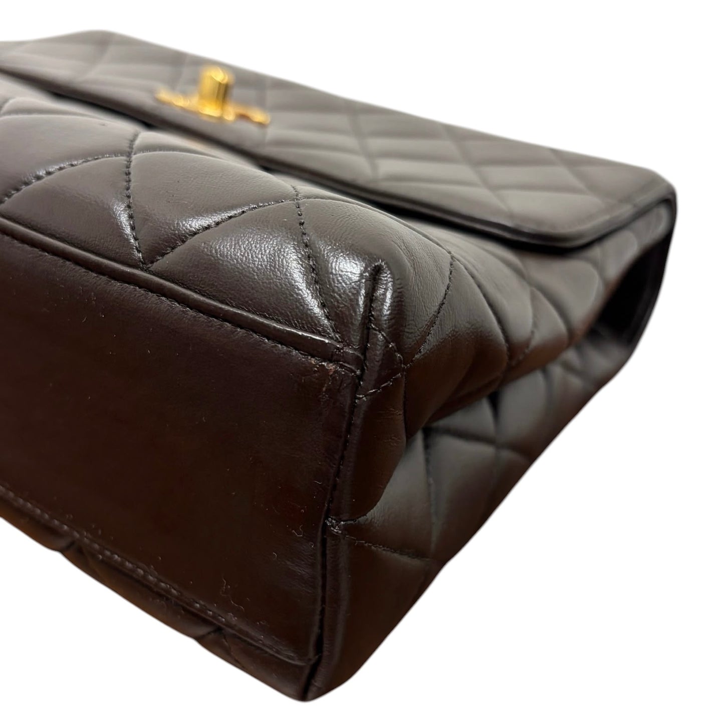 Chanel Vintage 90s Dark Brown Quilted Lambskin Small Kelly Top Handle Flap Bag with 24K Gold Plated Hardware - Spa Treated