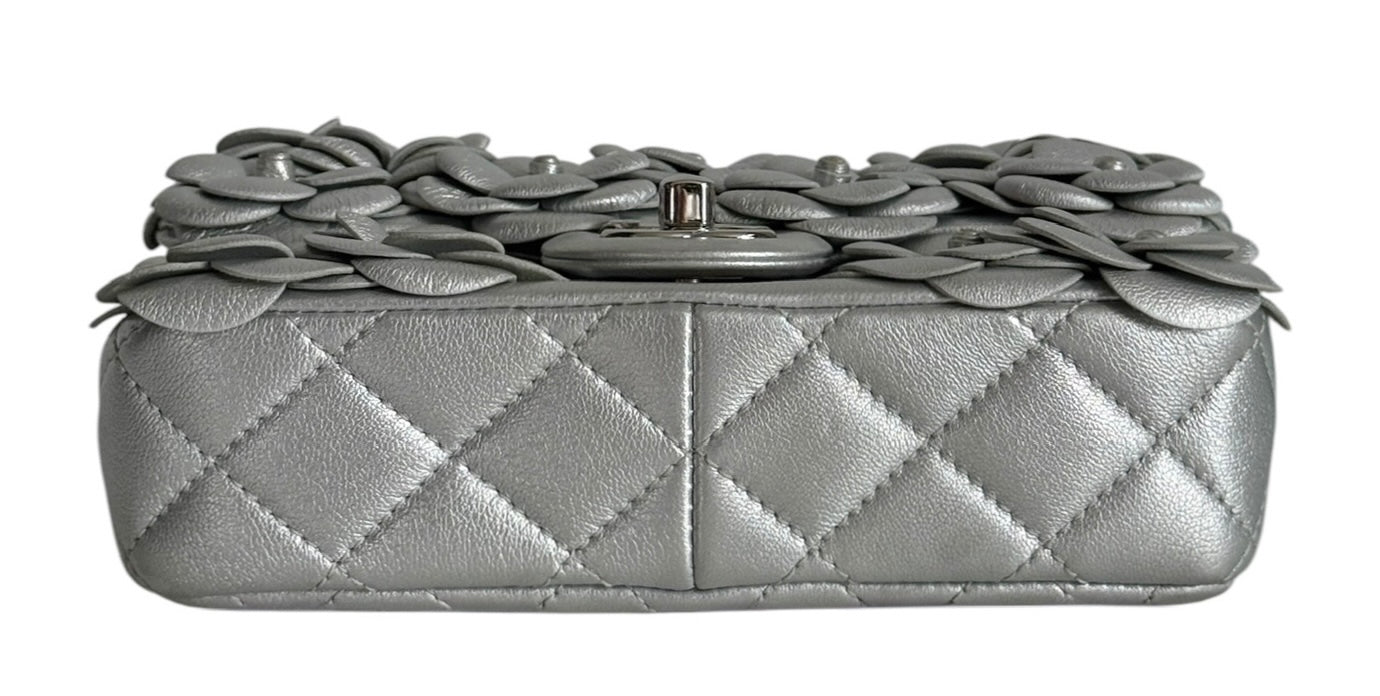 Chanel 2016 Metallic Silver Camellia Floral Lambskin Appliqué Classic Mini Rectangular Flap Bag