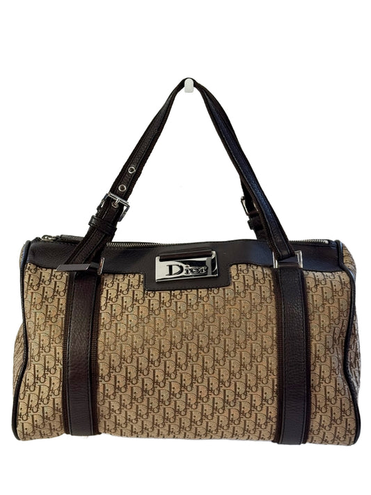 Dior Vintage Brown Diorissimo Trotter Monogram Canvas Street Chic Brown Leather Trim Boston Bag