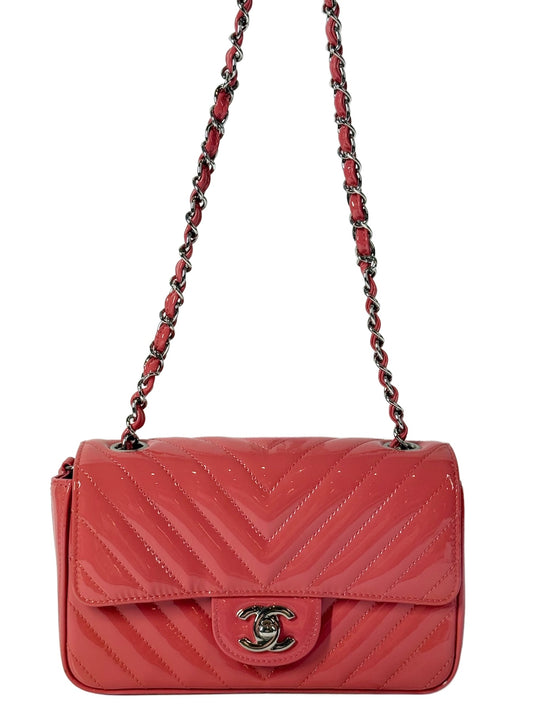Chanel 2017 Coral Pink Patent Leather Chevron Mini Flap Bag