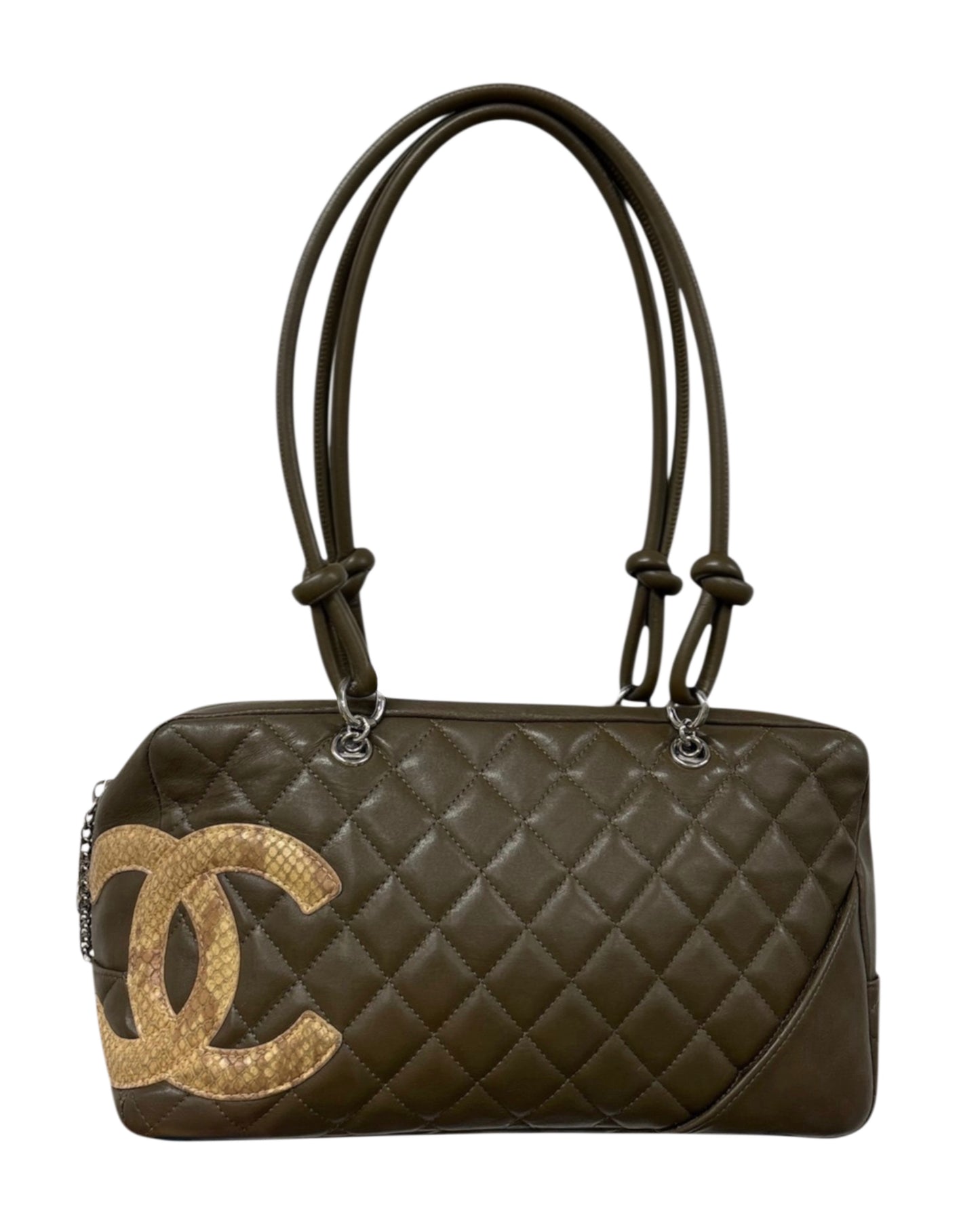 Chanel Vintage 2005 Khaki Green Quilted Lambskin Python CC Logo Cambon Bowler Shoulder Bag