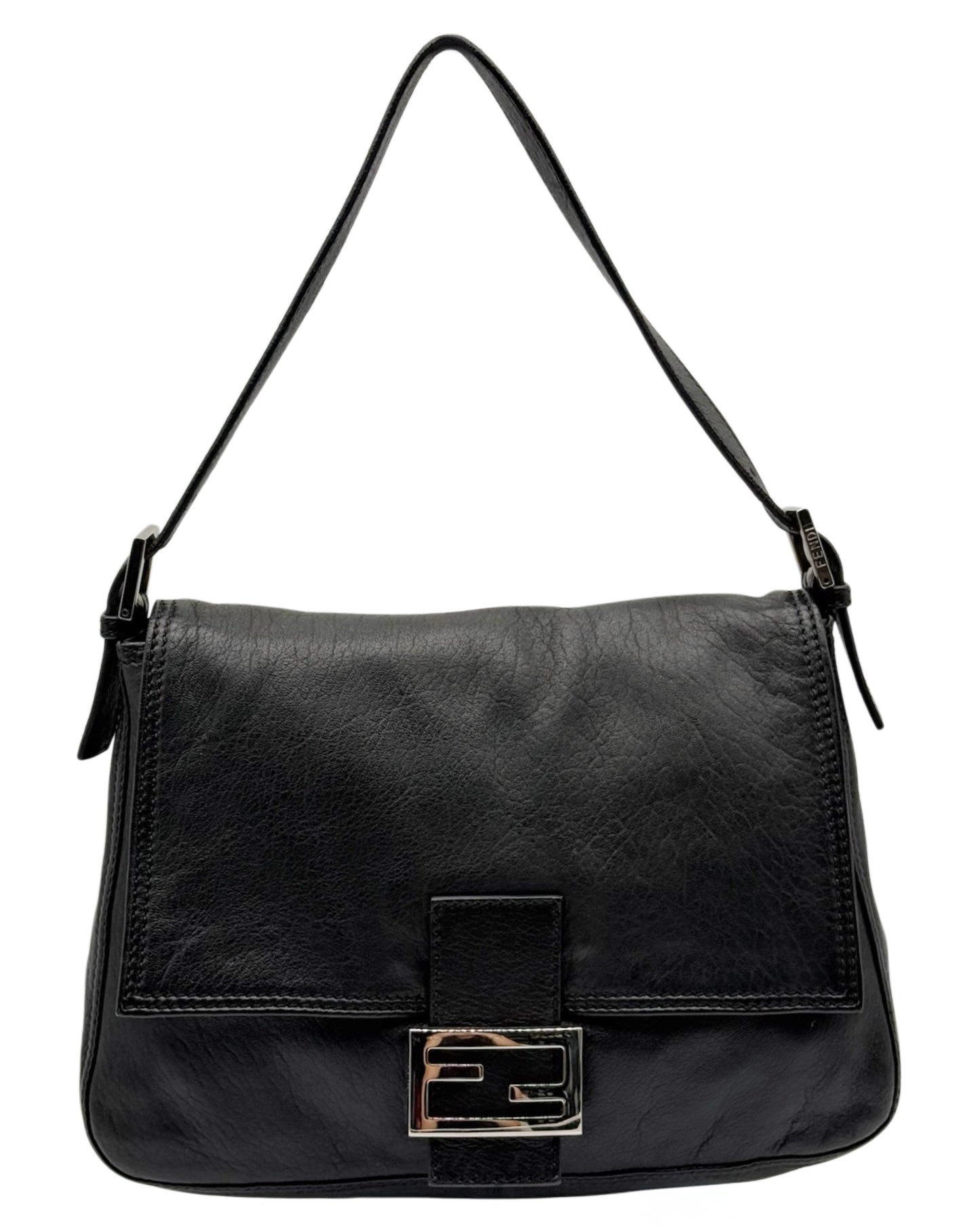 Fendi Vintage Black Lambskin Leather Mamma Baguette Shoulder Bag