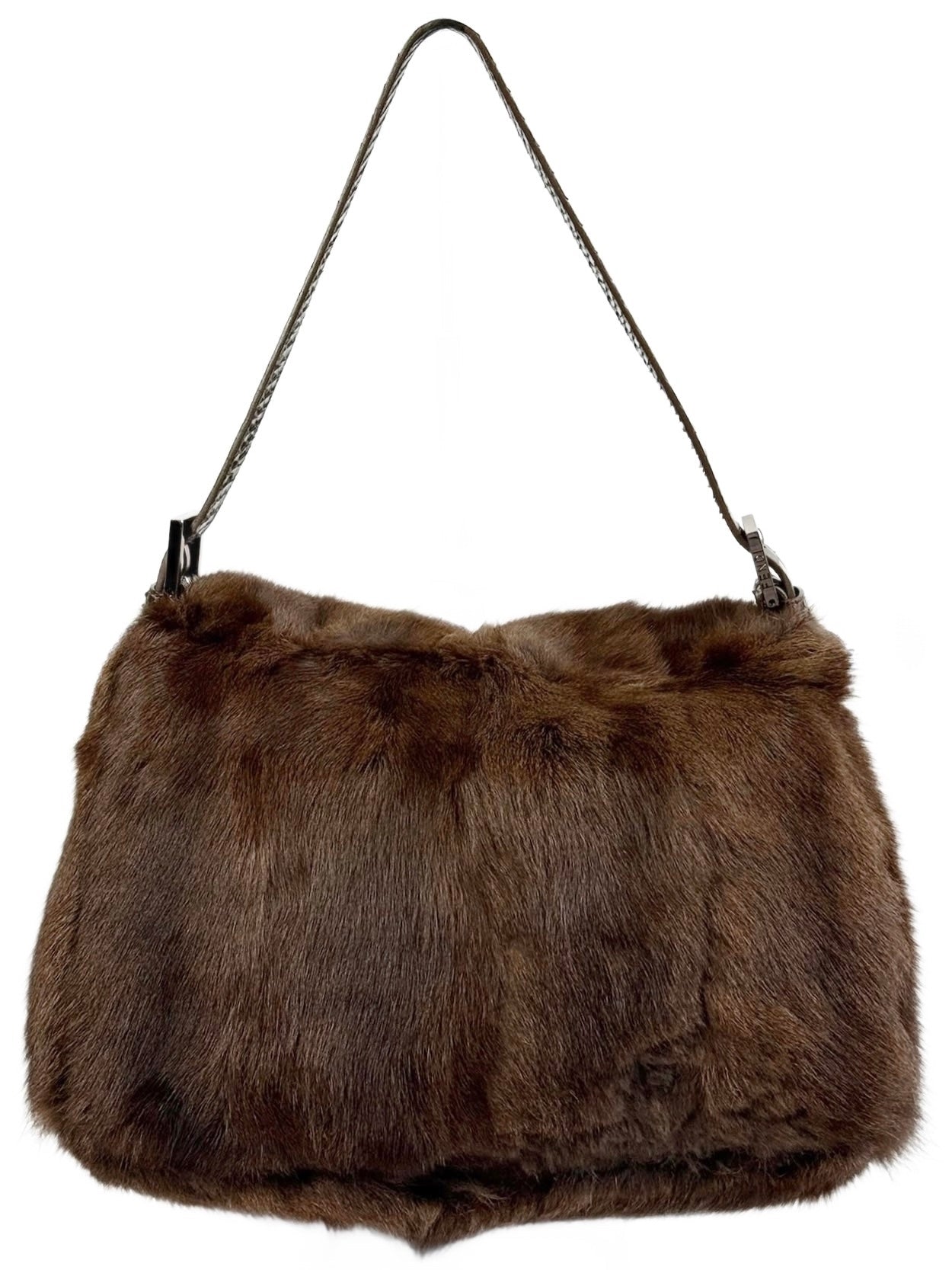 Fendi Vintage Brown Rabbit Fur Python Trim Mamma Baguette Shoulder Bag