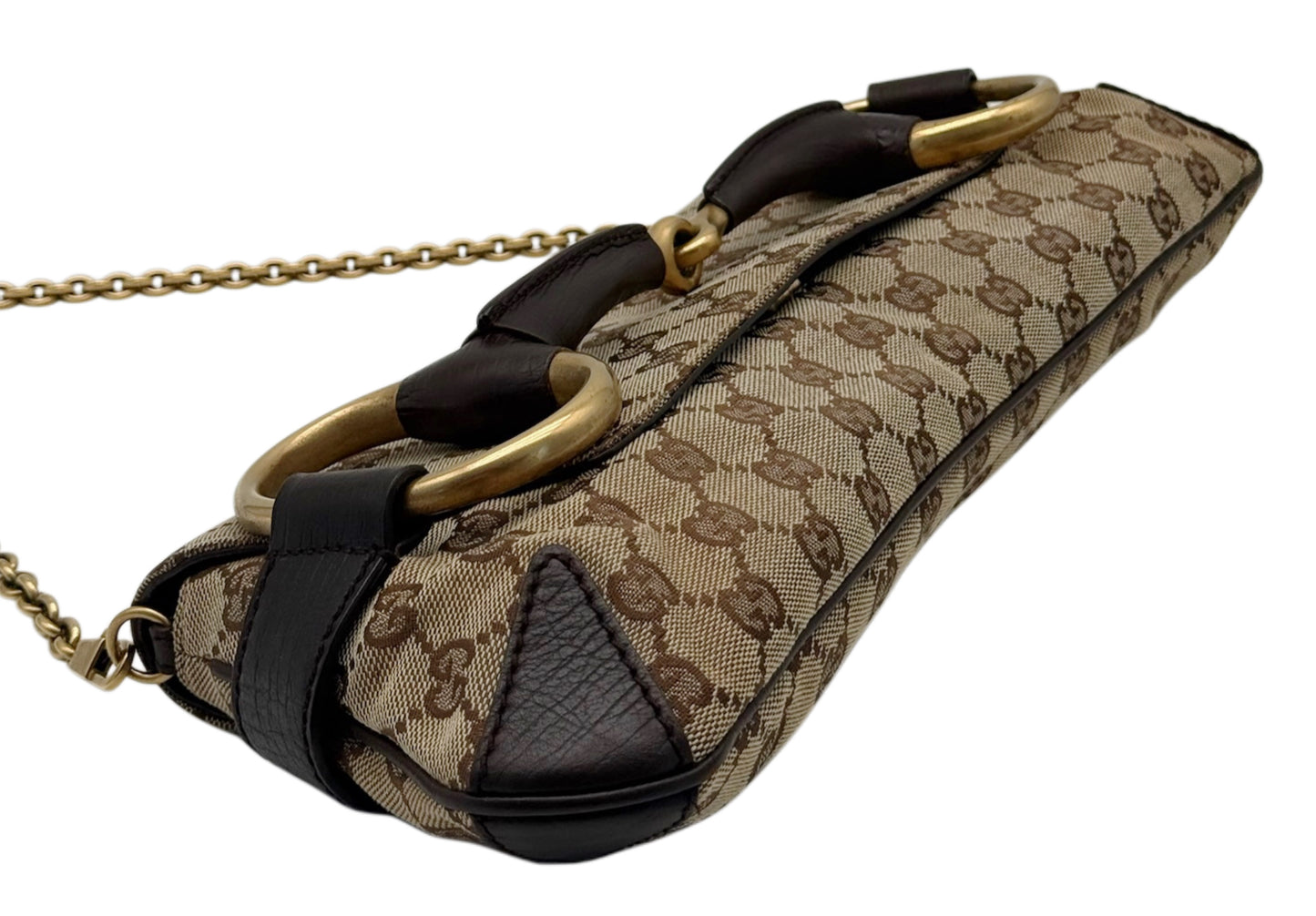 Gucci Vintage Brown GG Monogram Large Horsebit Shoulder Clutch Pochette Bag