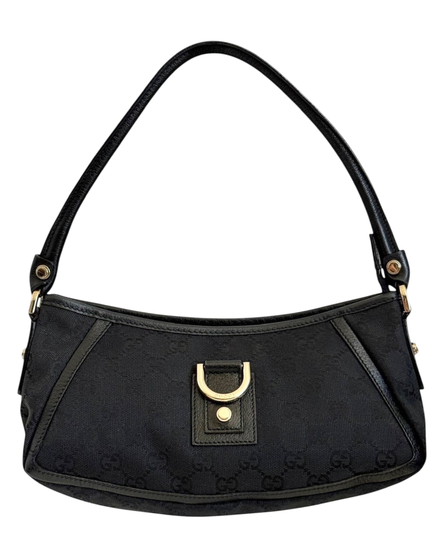 Gucci Vintage Black GG Monogram Canvas Round D Ring Abbey Pochette Bag 