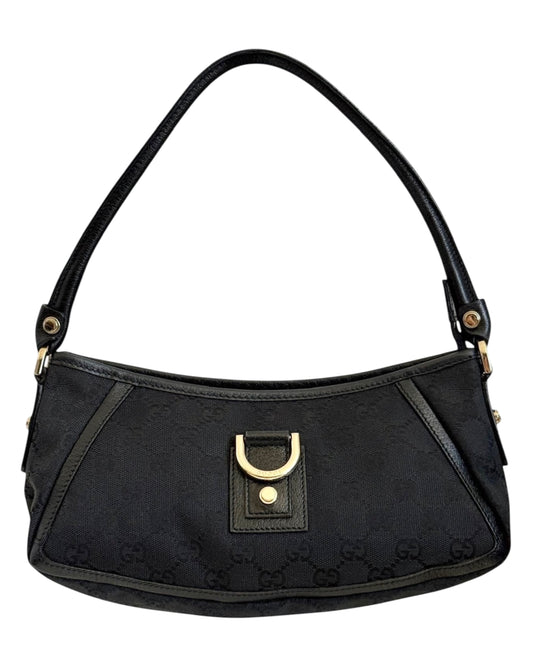 Gucci Vintage Black GG Monogram Canvas Round D Ring Abbey Pochette Bag 