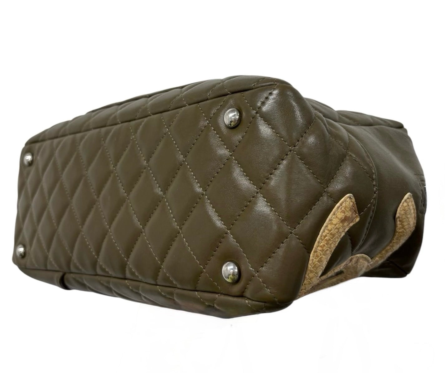 Chanel Vintage 2005 Khaki Green Quilted Lambskin Python CC Logo Cambon Bowler Shoulder Bag