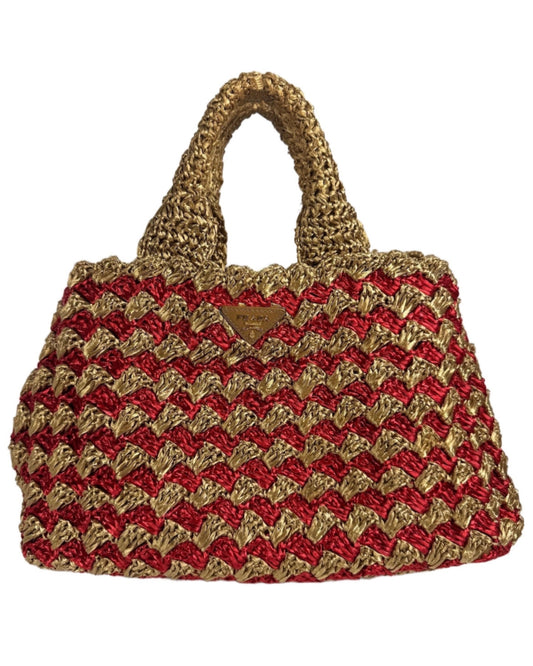 Prada 2012 Red & Brown Crochet Raffia Medium Canapa Tote Bag