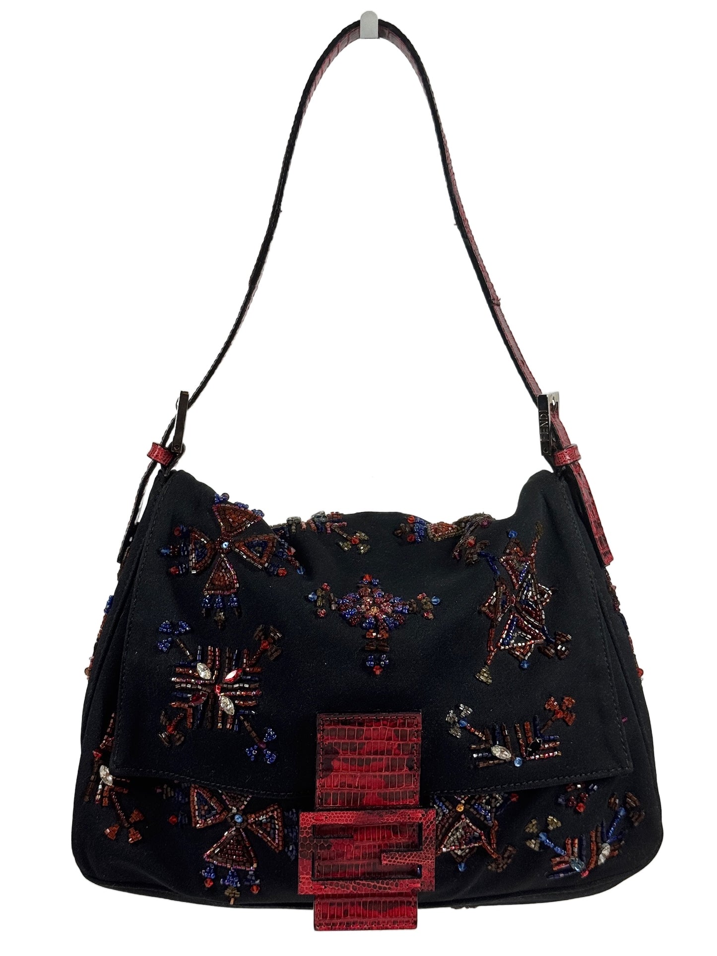 Fendi Vintage Black Nylon Embroidered Beaded Aztec Red Lizard Trim Mamma Baguette Shoulder Bag