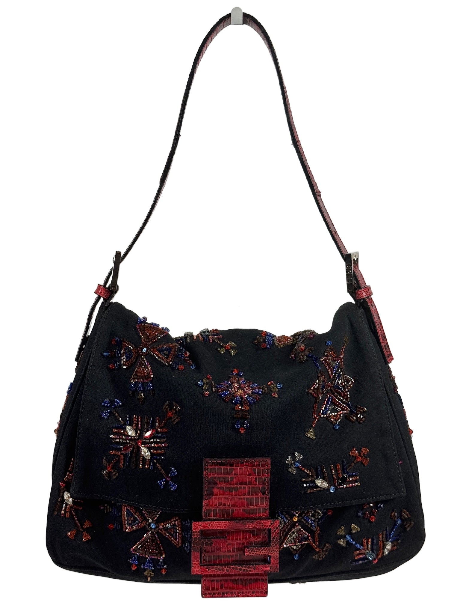 Fendi Vintage Black Nylon Embroidered Beaded Aztec Red Lizard Trim Mamma Baguette Shoulder Bag