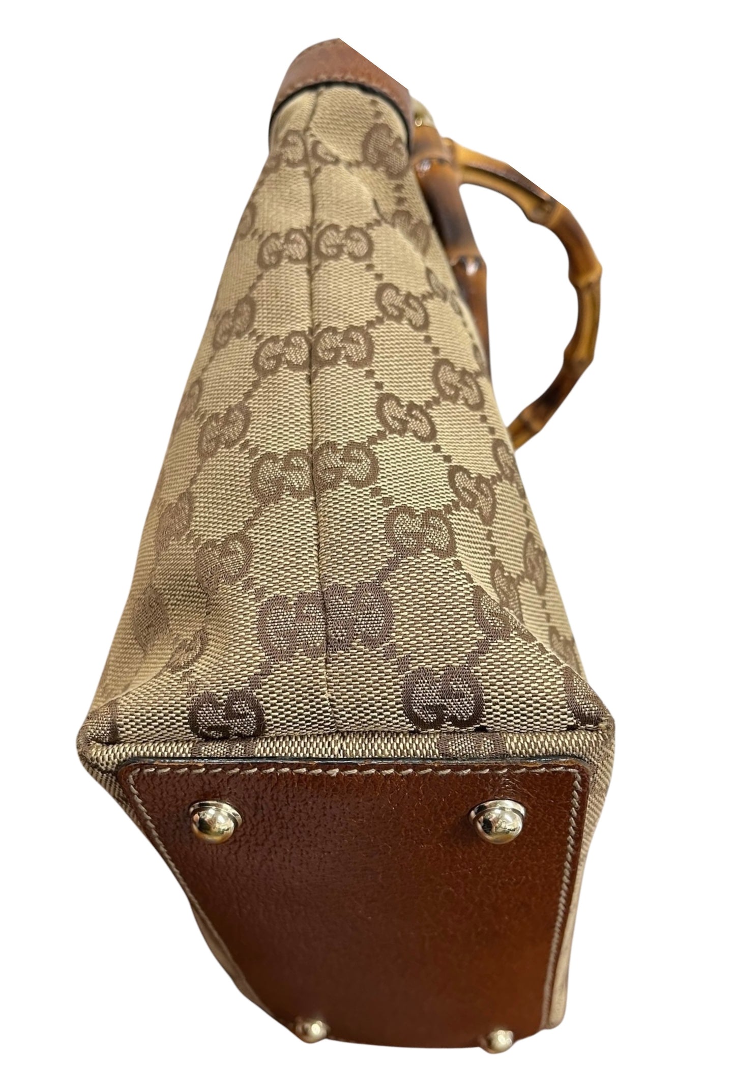 Gucci Vintage Brown GG Monogram Small Bucket Bamboo Handle Shoulder Bag 