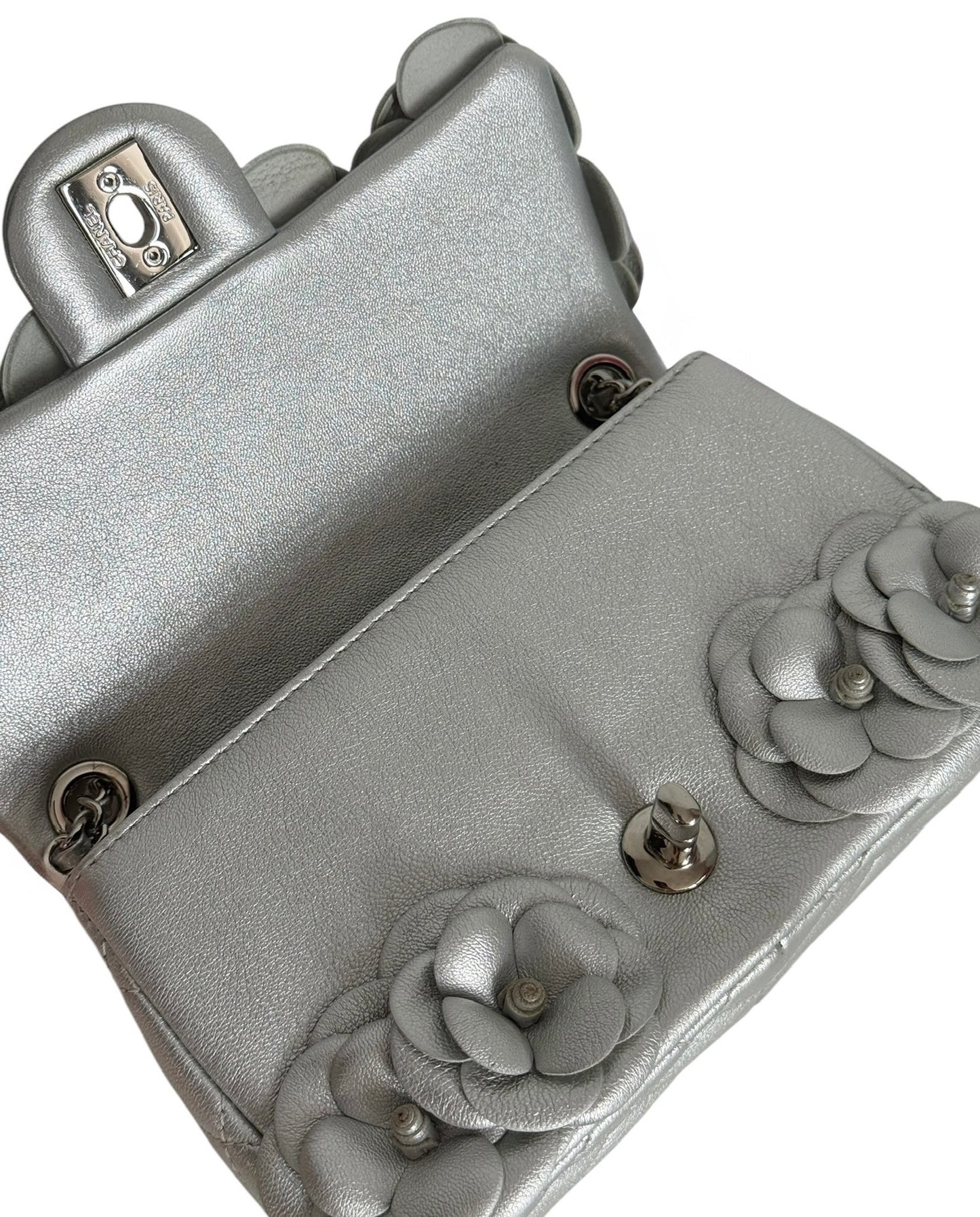 Chanel 2016 Metallic Silver Camellia Floral Lambskin Appliqué Classic Mini Rectangular Flap Bag