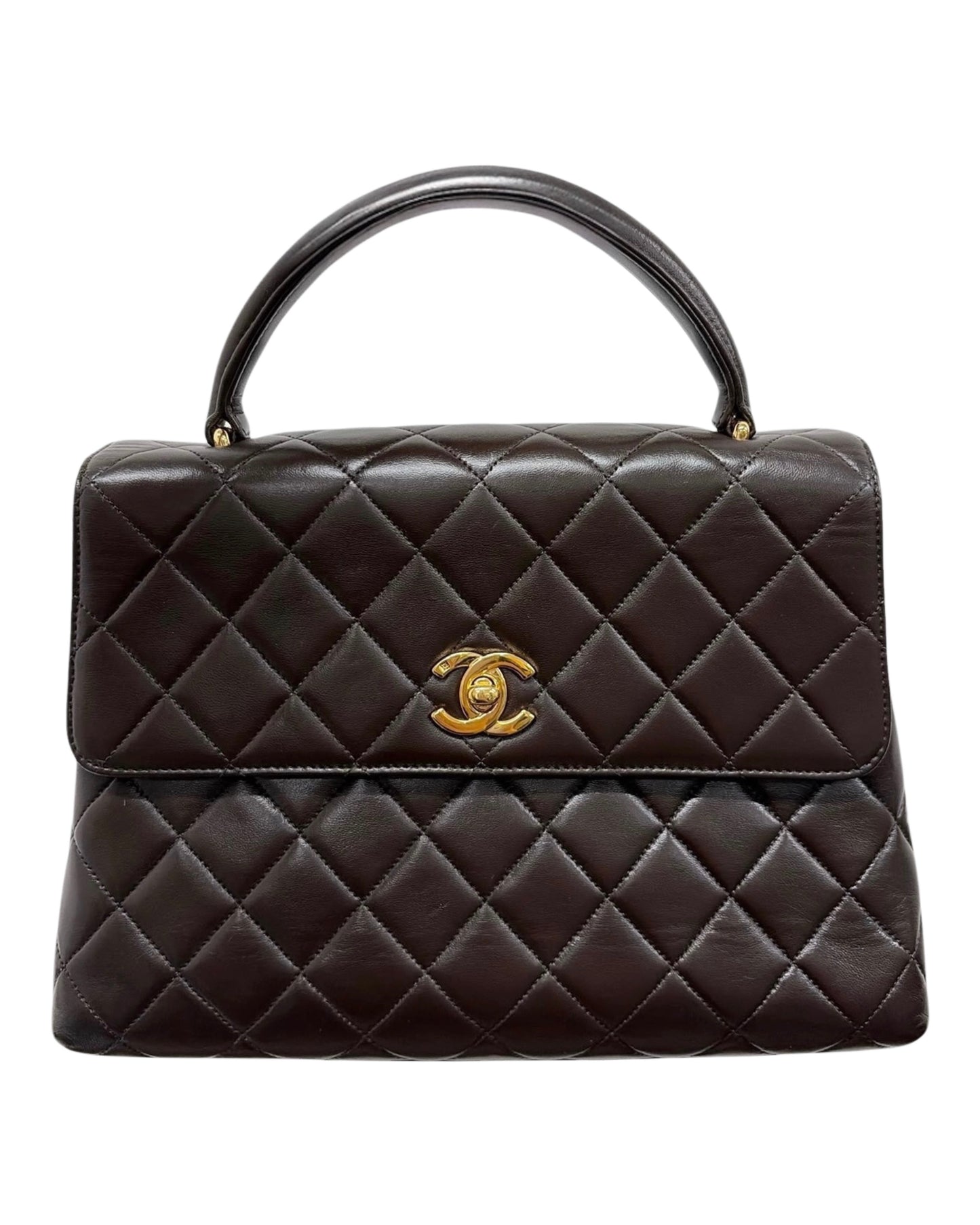 Chanel Vintage 90s Dark Brown Quilted Lambskin Small Kelly Top Handle Flap Bag with 24K Gold Plated Hardware - Spa Treated