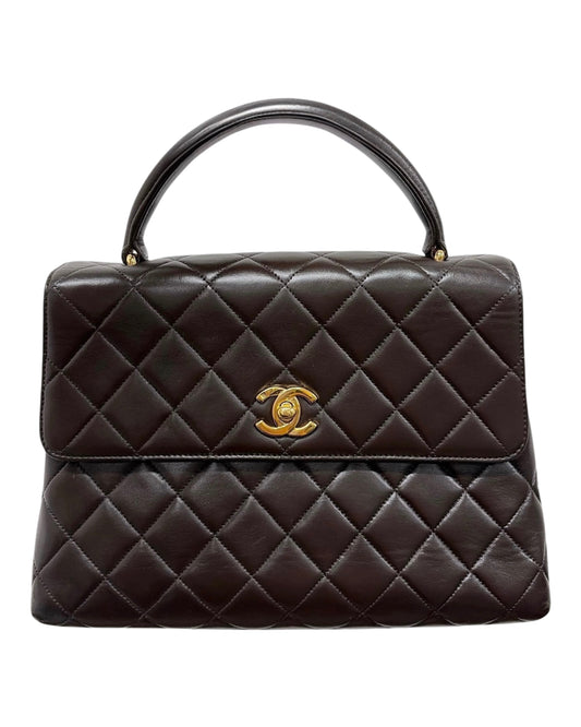 Chanel Vintage 90s Dark Brown Quilted Lambskin Small Kelly Top Handle Flap Bag with 24K Gold Plated Hardware - Spa Treated