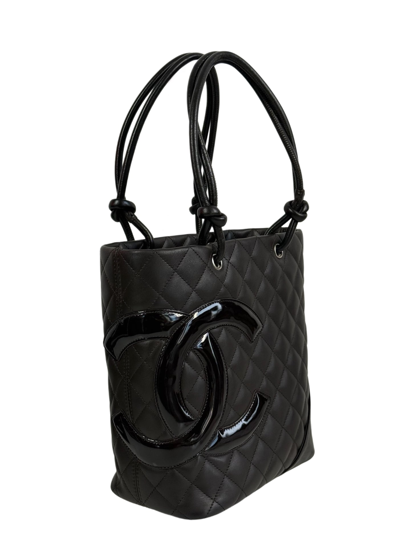 Chanel Vintage 00s Dark Brown Quilted Lambskin Patent Leather CC Cambon Small Shoulder Tote Bag