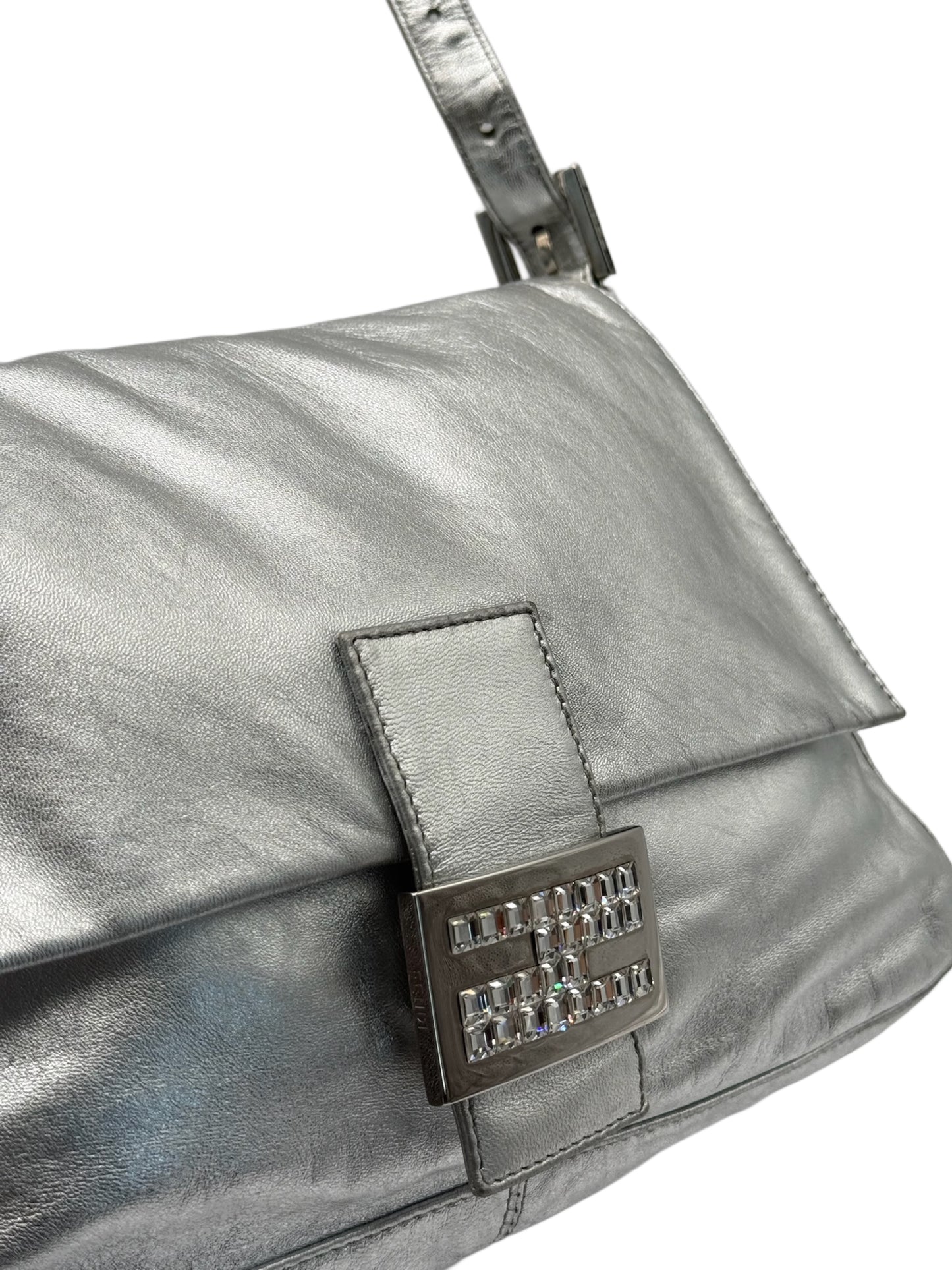 Fendi Vintage Metallic Silver Lambskin Leather Crystal Logo Mamma Shoulder Baguette Bag