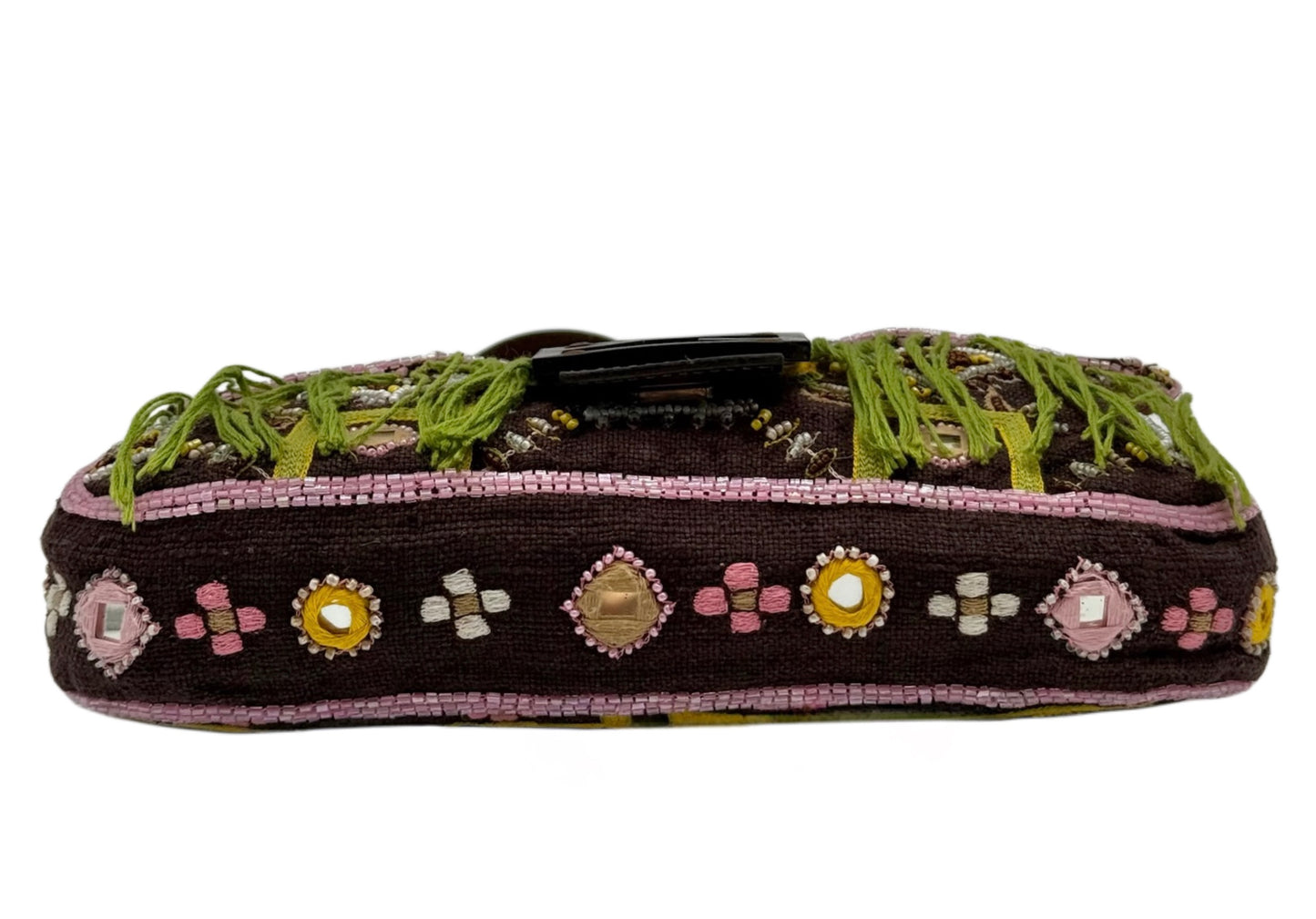 Fendi Vintage Brown Knit Embroidered Pink Beaded Green Fringe Embellished Shoulder Baguette Bag