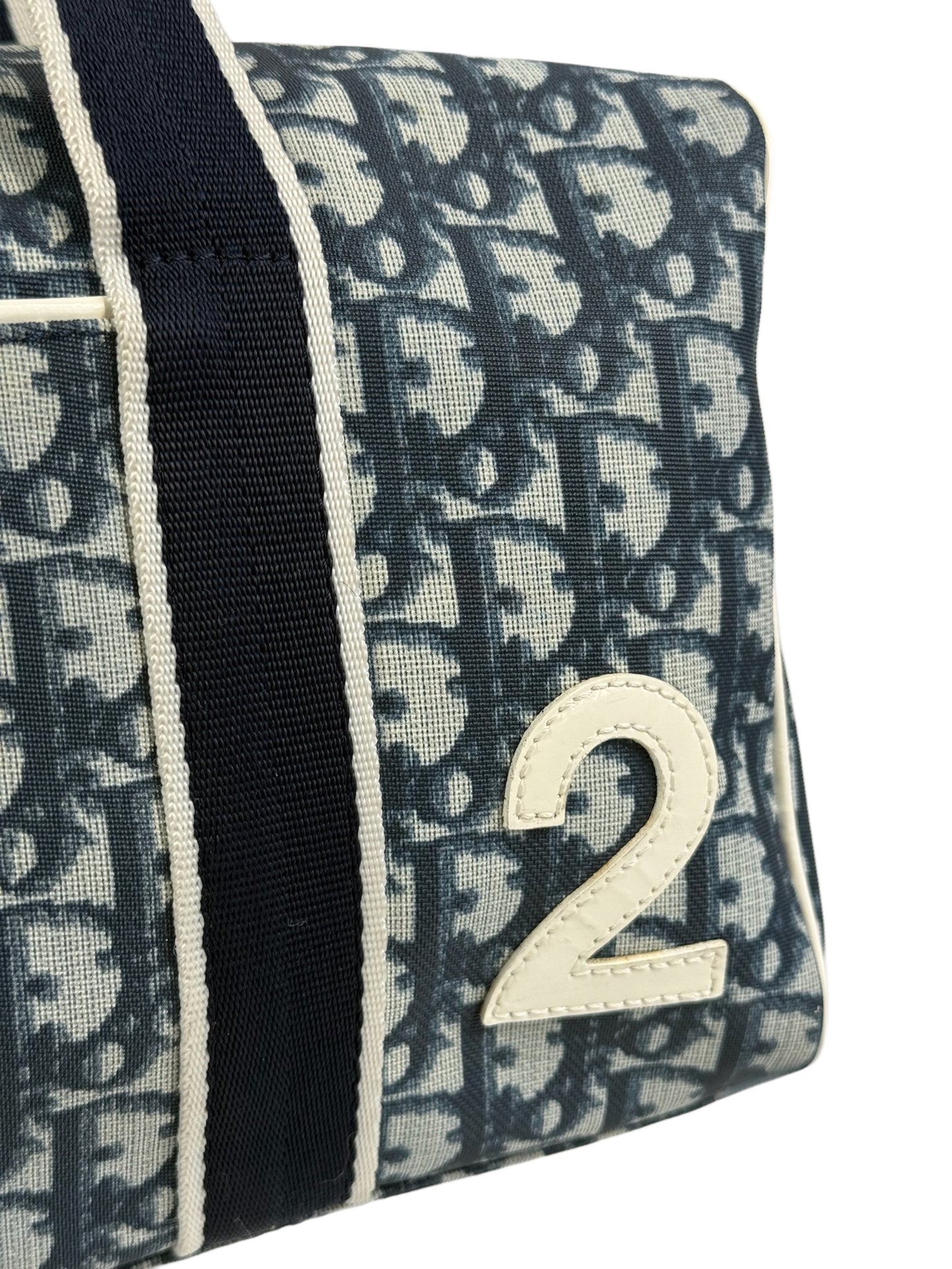 Dior Vintage 2001 Blue Trotter Monogram White Patent Trim Small Boston Shoulder Duffle Bag