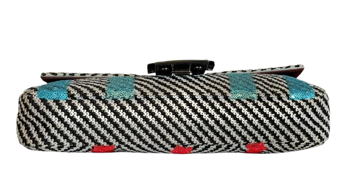 Fendi Black & White Velour Chevron Sequin Multi-color Shoulder Baguette Bag with Black Patent Leather Trim