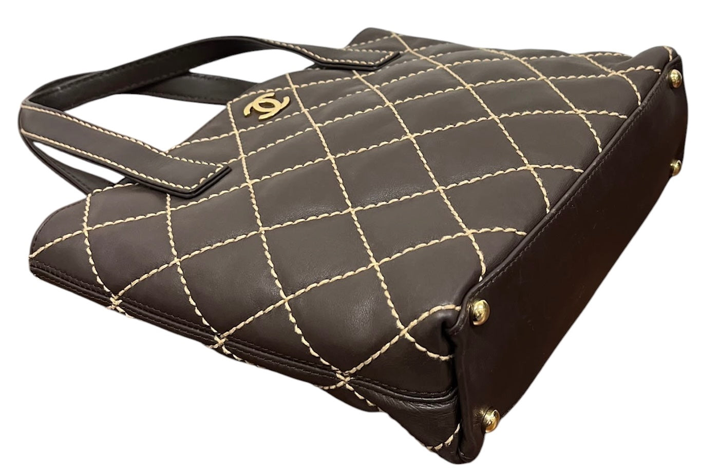 Chanel Vintage 00s Dark Brown Wild Stitch Quilted Lambskin Small Shoulder Tote 