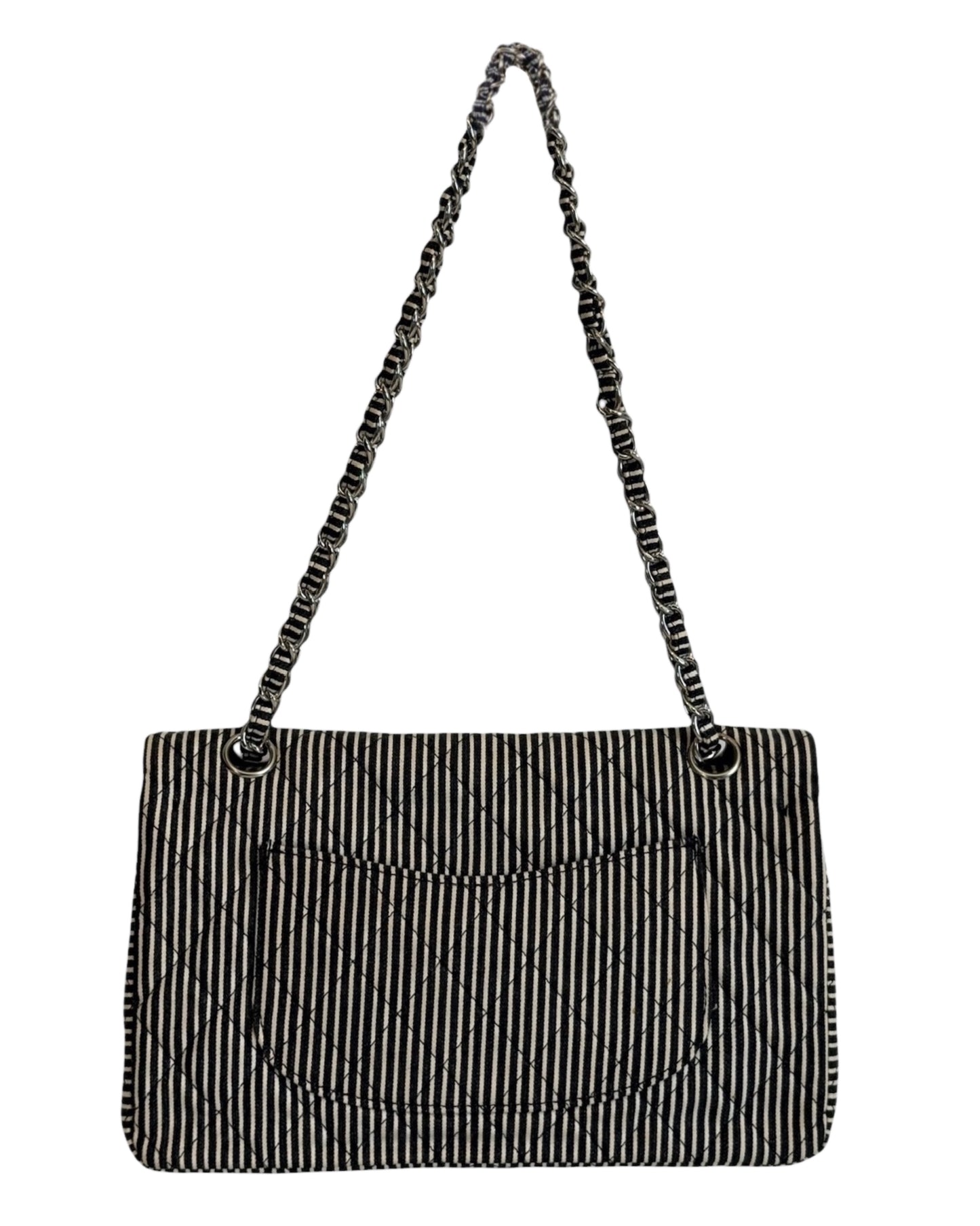 Chanel Vintage 2008 Black & White Striped Quilted Canvas Sequin Medium Classic Double Flap Bag
