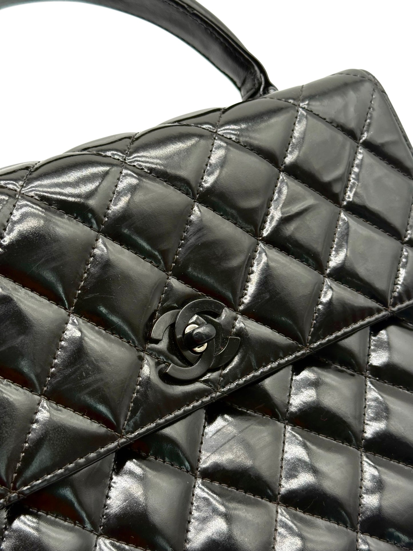 Chanel Vintage 90s Black Quilted Patent Leather So Black Hardware Small Kelly Top Handle Flap Bag