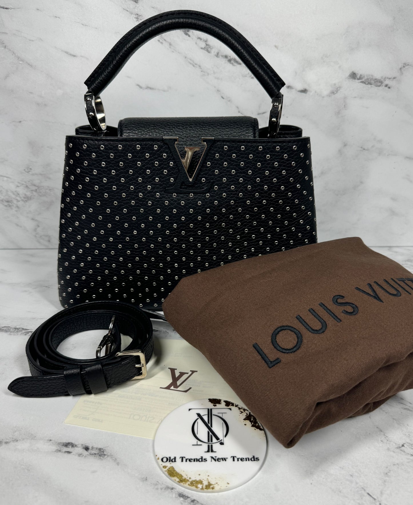 Louis Vuitton Black Taurillon Leather Silver Studded Capucines BB