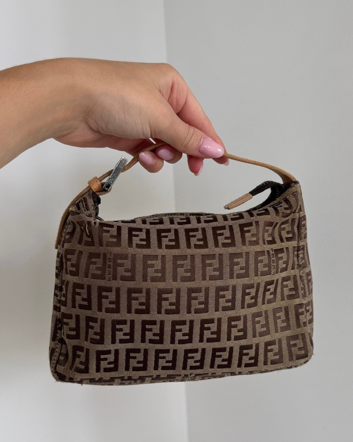 Fendi Vintage Light Brown Zucchino Zucca Monogram Mini Top Handle Pochette Bag