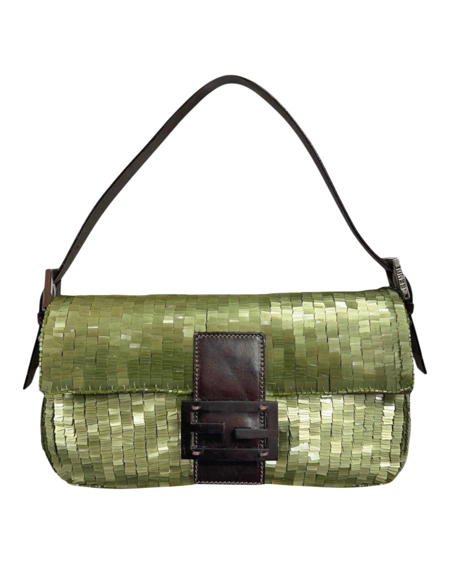 Fendi Vintage Green Paillattes Sequin Beaded Shoulder Baguette Bag 